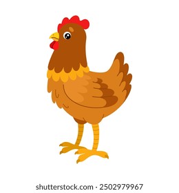 Chicken in cartoon flat style. Cute hen. Colored farm bird. Vector colorful baby illustration isolated on white background.