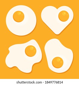 Chicken cartoon fried eggs in various forms. Heart shaped egg. Baking and cooking ingredients. Vector illustration isolated on yellow background.