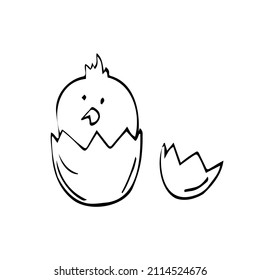 ilustración de doodle vectorial dibujado a mano con dibujos animados de pollo. Ave divertida de Pascua, ilustración vectorial lineal. Pequeña chica garabato. Sencillo diseño de dibujo negro de la fiesta de Pascua, arte. Animado lindo