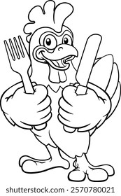 A chicken cartoon rooster cockerel bird mascot holding a knife and fork