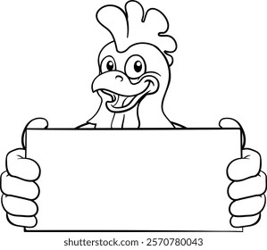 A chicken cartoon rooster cockerel bird mascot peeking over a sign with copyspace