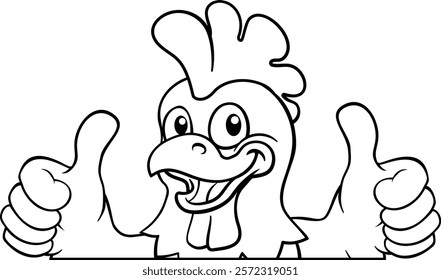 A chicken cartoon rooster cockerel bird mascot peeking over a sign with copyspace