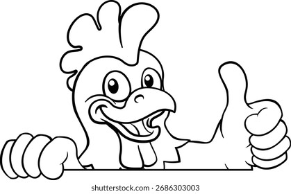 Uma galinha de desenho animado galo galo galo mascote pássaro espiando sobre um sinal com copyspace