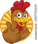 A chicken cartoon rooster cockerel character mascot giving a thumbs up.