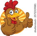 A chicken cartoon rooster cockerel character mascot giving a thumbs up.