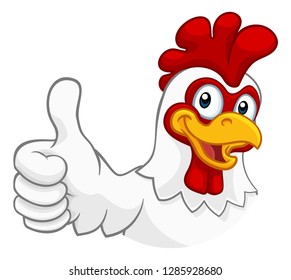A chicken cartoon rooster cockerel character mascot giving a thumbs up.