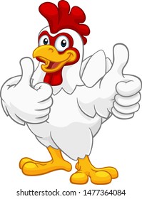 A chicken cartoon rooster cockerel character mascot giving a thumbs up.