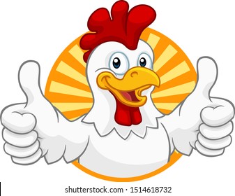 A chicken cartoon rooster cockerel character mascot giving a thumbs up.