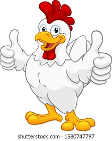 A chicken cartoon rooster cockerel character mascot giving a thumbs up.