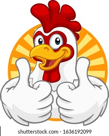 A chicken cartoon rooster cockerel character mascot giving a thumbs up.