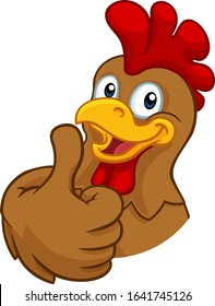 A chicken cartoon rooster cockerel character mascot giving a thumbs up.