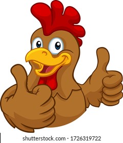 A chicken cartoon rooster cockerel character mascot giving a thumbs up.