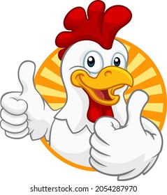 A chicken cartoon rooster cockerel character mascot giving a thumbs up.