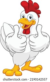 A chicken cartoon rooster cockerel character mascot giving a thumbs up.