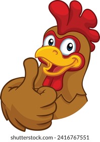 A chicken cartoon rooster cockerel character mascot giving a thumbs up.