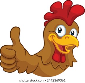 Una mascota del personaje del gallo de dibujos animados de pollo dando un pulgar hacia arriba.