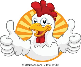 A chicken cartoon rooster cockerel character mascot giving a thumbs up.