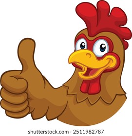 Una mascota de personaje de gallo de dibujos animados de pollo dando un pulgar hacia arriba.