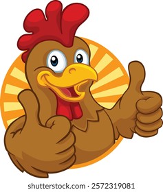 A chicken cartoon rooster cockerel character mascot giving a thumbs up.