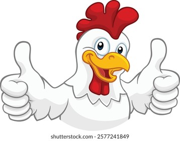 A chicken cartoon rooster cockerel character mascot giving a thumbs up.