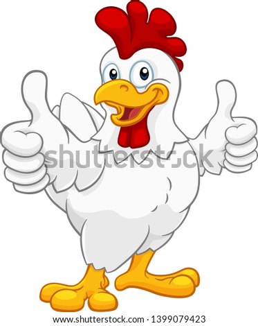 A chicken cartoon rooster cockerel character mascot giving a thumbs up.