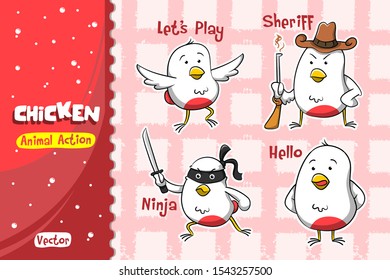 Chicken Cartoon Set. Vector Design of Animal Action