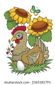 Chicken cartoon. Ukrainian fairy tale about the hen and the golden egg. Village illustration.