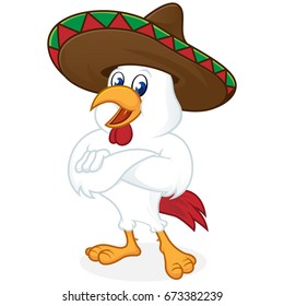 Chicken cartoon wearing sombrero and folding hands isolated in white background