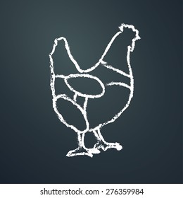 Chicken Chalk Painted On Chalkboard Outline On A Blackboard, Vector Illustration