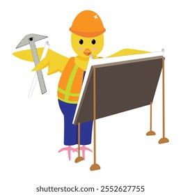 Chicken character dressed a builder with board and t-square; Can be used as logo, icon, sticker, label, clipart