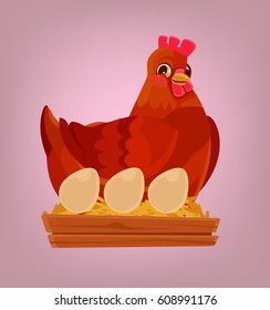 Chicken character in nest with eggs. Vector flat cartoon illustration