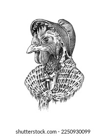 Personaje de pollo con bufanda. Aristócrata de moda o hombre rico. Gallo dibujado a mano. Esbozo antiguo monocromo grabado.