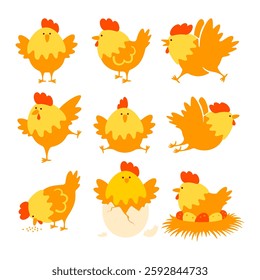 Chicken characters set. Funny cute yellow chicken with comb, wings. Flying, running, sitting in the nest, feeding, hatching from egg. Easter chicks concept. Set of isolated vector illustration