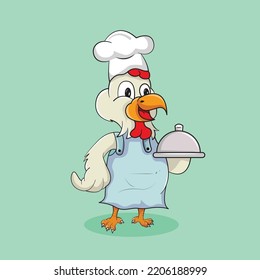 Chicken chef is bringing food. cute mascot vector