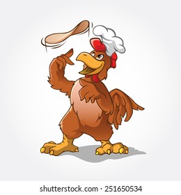 Chicken chef cartoon character trowing a dough pizza to the air. Chicken Cartoon Vector Illustration for your business mascot.