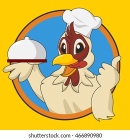 Chicken Chef Character Holding Covered Tray and Giving Thumbs Up | Editable vector illustration in cartoon style for restaurant or chicken dishes related design project