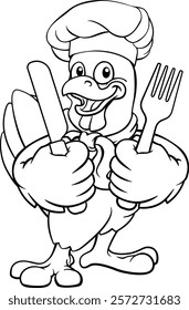 A chicken chef hat cartoon rooster cockerel bird mascot holding a knife and fork