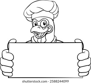 A chicken chef hat cartoon rooster cockerel bird mascot holding a sign with copy space 