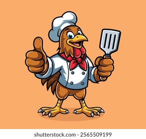 Chicken chef mascot cartoon character holding spatula
