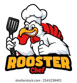 chicken chef mascot logo carrying a spatula