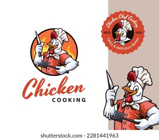 Diseño del logotipo de la mascota del chef de pollo. Mascota de caricaturas divertida y divertida, perfecta para marcas y negocios gastronómicos relacionados con la comida.