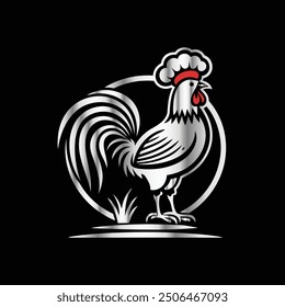 chicken chef vector logo design template. rooster head with chef hat
Rooster and laurel wreath on black background. Vector illustration.
