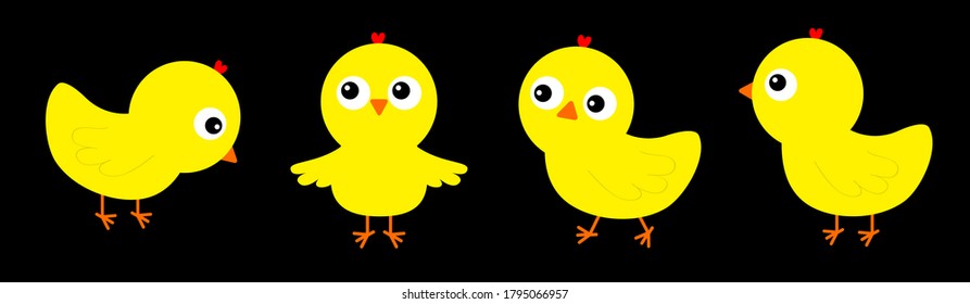 Chicken chick bird set line. Cute cartoon funny kawaii baby character. Face head. Happy Easter. Friends forever. Greeting card. Flat design. Black background. Isolated. Vector illustration