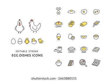 Chicken, chick and egg dish icon set