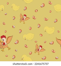 Chicken and chick and egg pattern seamless vector on yellow background , animal pattern seamless