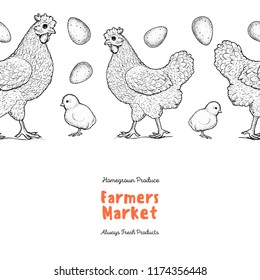 Chicken, chick and eggs hand drawn, vector illustration. Vintage chicken sketch. Design element. Chicken farm label.