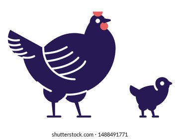 Chicken with chick flat vector illustration. Domestic bird breeding concept. Dark blue hen isolated design element with outline. Poultry farming, hennery symbol on white background