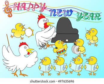 Chicken and chick greeting card.Chicken and chick to sing a song in celebration of the New Year