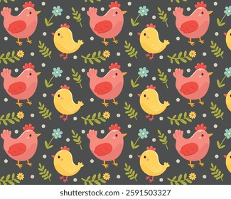 A chicken and a chick. Hand drawn. Vector pattern