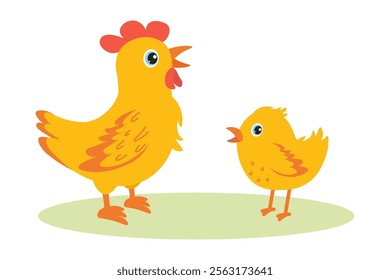 Chicken and chick interacting in a colorful cartoon setting